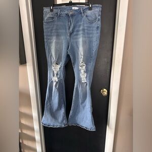 Trendy Light Blue Distressed Flare Jeans